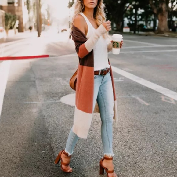 Long Cardigan Sweater Brown Tan and Orange - Picture 4 of 7